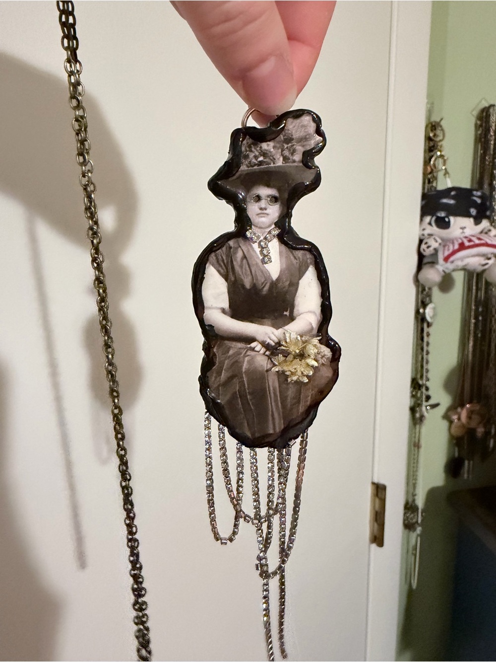Handmade Vintage Goth Portrait Dangle Necklace Pendant in Black and White